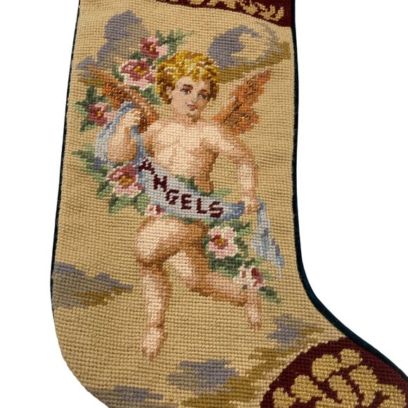 I believe in Angels wool needlepoint Christmas Stocking velvet back cherub Holid - Picture 3 of 6